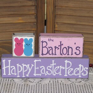 Happy Easter Peeps wooden block set sign personalized Easter gift hand painted stacking blocks Easter shelf sitter Hand painted Easter decor