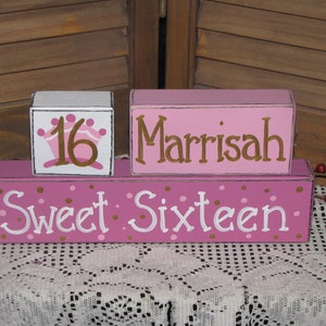 Sweet Sixteen birthday personalized primitive wooden stacking blocks shelf sitter party decoration sweet sixteen birthday name sign