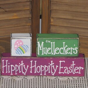 Personalized Easter Wooden Block Set: Hand-Painted Primitive Decor