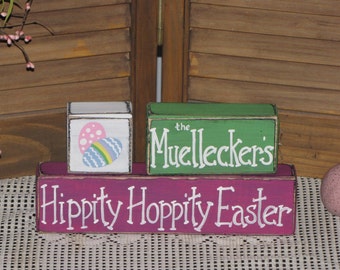 Easter wooden block set personalized name primitive country decor Easter shelf sitter Holiday decor wood stacking blocks hand painted