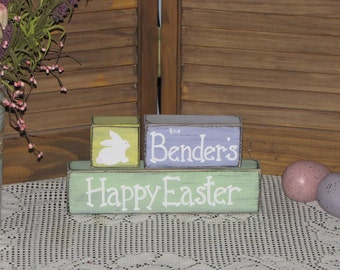 Primitive hand painted wood Easter block set Easter shelf sitter stacking block Easter holiday decor personalized name gift rustic country