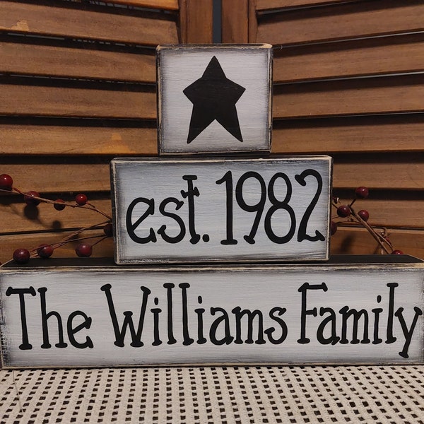 Farmhouse personalized wooden stacking block set rustic family name shelf sitter primitive custom gift