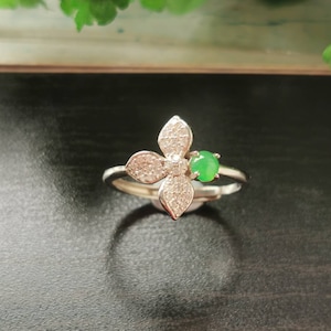 Icy Emerald Green Type A Grade A Natural Jadeite Jade Fei Cui 925 Sterling Silver White Gold Plated With Zirconia Ring