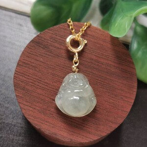 Icy Translucent Type A Grade A Natural Jadeite Jade Fei Cui Mini Buddha Pendant In 14K Gold Filled Spring Bail