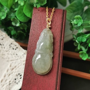Icy Light Tea Green Type A Grade A Natural Jadeite Jade Fei Cui Calabash Hulu Pendant In 14K Gold Filled Bail Setting