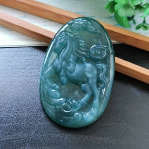 Icy Bluish Green Type A Grade A Natural Jadeite Jade Guademala Fei Cui Master Carved Horse And Money Coin Pendant