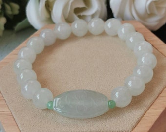 9MM Icy White Translucent Type A Grade A Natural Jadeite Jade Fei Cui Beaded Bracelet With Flower Carving Barrel