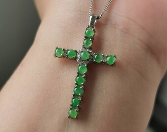 Icy Light Green Type A Grade A Natural Jadeite Jade Fei Cui 925 Sterling Silver White Gold Plated With Zirconia Cross Pendant