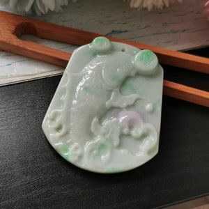 Lavender Green Type A Grade A Natural Jadeite Jade Fei Cui Koi Fish & Money Coin Carving Pendant