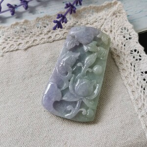 Lavender Green Type A Grade A Natural Jadeite Jade Fei Cui Fish And Lotus Carving Pendant