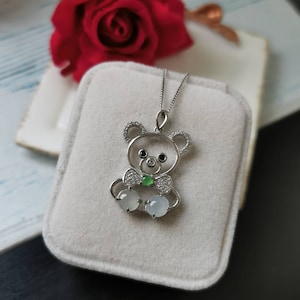 Icy White And Green Type A Grade A Natural Jadeite Jade Fei Cui 925 Sterling Silver White Gold Plated With Zirconia Teddy Bear Pendant