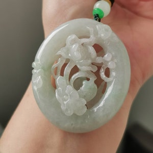 Light Green Type A Grade A Natural Jadeite Jade Fei Cui Lotus, Fish And Bamboo Hollow Carving Pendant