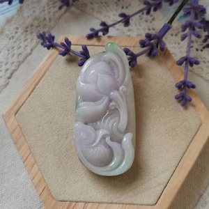 Lavender Green Type A Grade A Natural Jadeite Jade Fei Cui Gold Fish And Lotus Flower Pendant