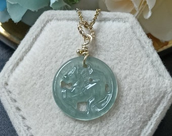 Icy Bluish Green Type A Grade A Natural Jadeite Jade Fei Cui Small Round Horse Pendant In 14K Gold Filled Bail Setting