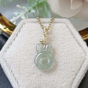 Icy Glow Light Green Type A Grade A Natural Jadeite Jade Fei Cui Mini Bunny 14K Gold Filled Pendant
