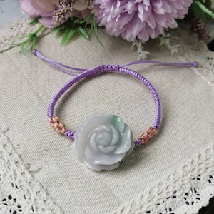 Light Lavender And Bluish Floral Green Type A Grade A Natural Jadeite Jade Fei Cui 3D Flower In Purple Adjustable String Bracelet