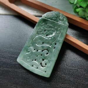 Bluish Floral Green Type A Grade A Natural Jadeite Jade Fei Cui Dragon Pendant