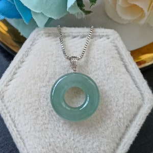 Icy Bluish Green Type A Grade A Natural Jadeite Jade Fei Cui Donut 18K White Gold Pendant
