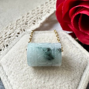 Bluish Floral Green Type A Grade A Natural Jadeite Jade Vintage Carving Barrel Pendant