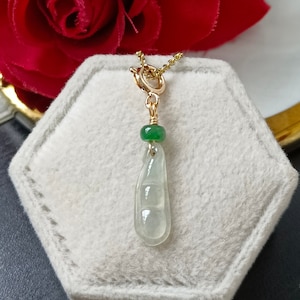 Icy White And Green Type A Grade A Natural Jadeite Jade Fei Cui Mini Pea Pod 14K Gold Filled Spring Bail Pendant
