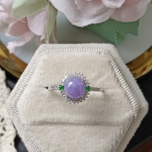 Lavender And Imperial Green Type A Grade A Natural Jadeite Jade Fei Cui 18K White Gold And Diamonds Ring