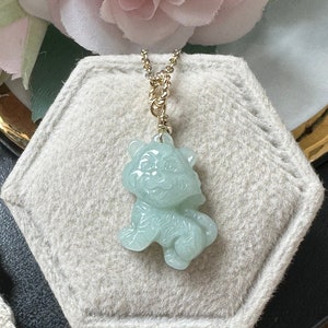 Pastel Green Type A Grade A Natural Jadeite Jade Small Tiger 14K Gold Filled Pendant