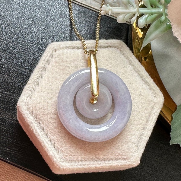 Lavender Type A Grade A Natural Jadeite Jade Fei Chi Double Donut Pendant In 925 Silver Gold Plated Setting