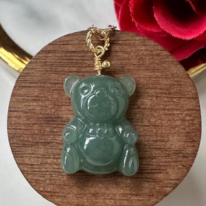 Icy Bluish Green Type A Grade A Natural Jadeitw Jade Fei Cui Teddy Bear 14K Gold Filled Pendant