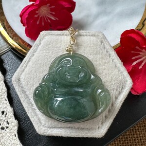 Icy Dark Bluish Green Type A Grade A Natural Jadeite Jade Fei Cui Buddha 14K Gold Filled Pendant