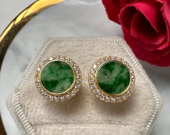 Imperial Floral Green Type A Grade A Natural Jadeite Jade Fei Cui Round 925 Silver Yellow gold Plated Zirconia Stud Earrings