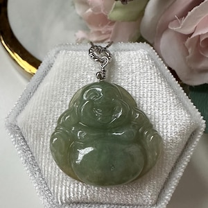 Icy Sage Green Type A Grade A Natural Jadeite Jade Fei Cui 14K White Gold Filled Buddha Pendant