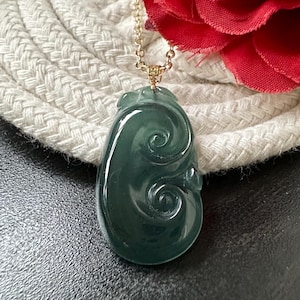 Icy Dark Bluish Green Type A Grade A Natural Jadeite Jade Fei Cui Ruyi 18K Gold Pendant