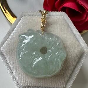 Icy Light Faint Green Type A Grade A Natural Jadeite Jade Fei Cui Fox 14K Gold Filled Pendant