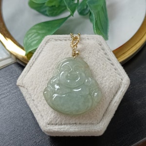 Icy Light Green Type A Grade A Natural Jadeite Jade Fei Cui Buddha Pendant In 14K Gold Filled Bail Setting