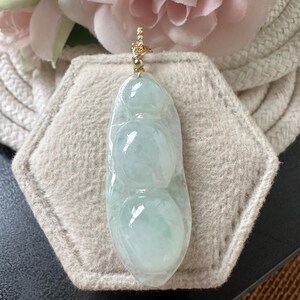 Icy Translucent Moss On Snow Type A Grade A Natural Jadeite Jade Fei Cui Pea Pod 14K Gold Filled Pendant