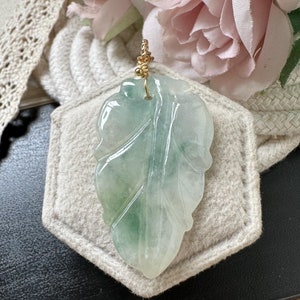 Icy Floral Green Type A Grade A Natural Jadeite Jade Fei Cui Leaf 14K Gold Filled Pendant