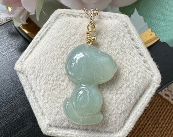 Icy Light Green Type A Grade A Natural Jadeite Jade Snoopy 14K Gold Filled Pendant