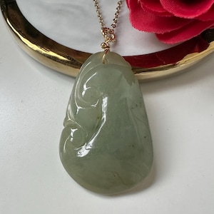 Icy Sage Green Type A Grade A Natural Jadeite Jade Fei Cui Ruyi 14K Gold Filled Pendant