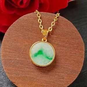 Imperial Green Vein Type A Grade A Natural Jadeite Jade Fei Cui Small Plain Round 18K Gold Pendant