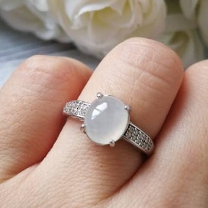 Icy White Type A Grade A Natural Jadeite Jade Fei Cui 925 Sterling Silver White Gold Plated With Zirconia Ring