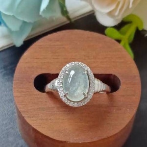 Icy Translucent Type A Grade A Natural Jadeite Jade Fei Cui 925 Sterling Silver White Gold Plated Zirconia Ring