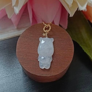 Icy White Type A Grade A Natural Jadeite Jade Fei Cui Cute Bear Pendant In 14K Gold Filled Bail Setting
