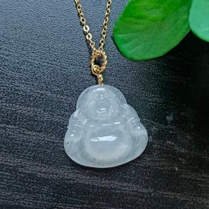 Icy White Type A Natural Jadeite Jade Fei Cui Buddha Pendant In 14K Gold Filled Bail Setting
