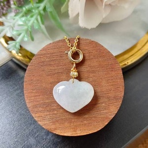 White Type A Grade A Natural Jadeite Jade Fei Cui Small Heart Charm In 14K Gold Filled Spring Bail