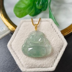 Icy Translucent Light Green Type A Grade A Natural Jadeite Jade Fei Cui 18K Gold Buddha Pendant