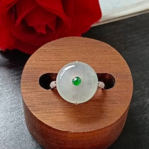 Icy White And Imperial Green Type A Grade A Natural Jadeite Jade Fei Cui Donut 18K White Gold And Diamonds Ring