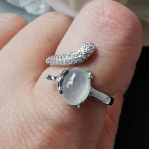 Icy Translucent Type A Grade A Natural Jadeite Jade Fei Cui Fox Design Ring