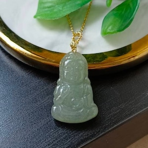 Icy Light Green Type A Grade A Natural Jadeite Jade Fei Cui Baby Buddha Pendant In 14K Gold Filled Bail Setting