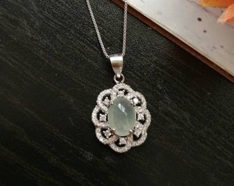 Icy Translucent Type A Grade A Natural Jadeite Jade Fei Cui 925 Sterling Silver White Gold Plated With Zirconia Pendant