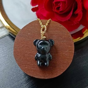 Dark Green Type A Grade A Natural Jadeite Jade Fei Cui Small Cute Bear Pendant In 14K Gold Filled Bail Setting